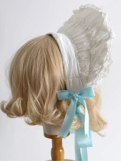 Lake Design Accent Blue Satin - Lolita Bow Pearl Lace Bonnet Light White