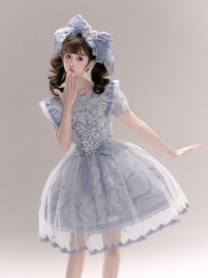Blue & Purple Floral Embroidery Flutter Sleeve Bow Lolita Overlay Dress with Lace - Yimu Walnut
