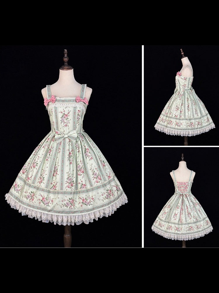 Light Green Box Pleat Skirt Lolita JSK Dress with Floral Print & Back Lace-Up - Miss Cube Dressworks