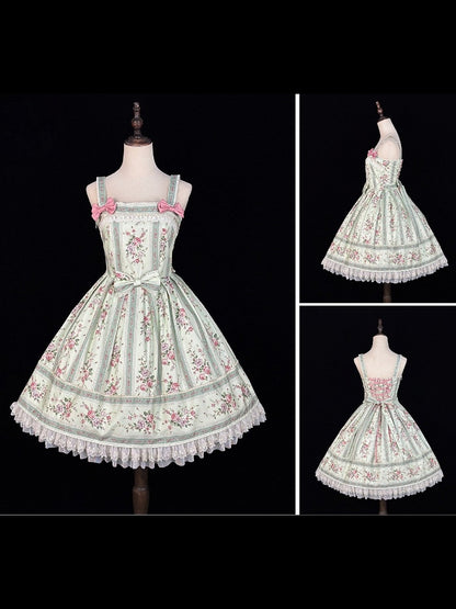Light Green Box Pleat Skirt Lolita JSK Dress with Floral Print & Back Lace-Up - Miss Cube Dressworks