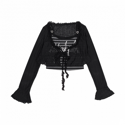 Gestreiftes Cami-Top zum Selbstbinden im Y2K-Stil mit schwarzem, kurzem Überwurf-Set