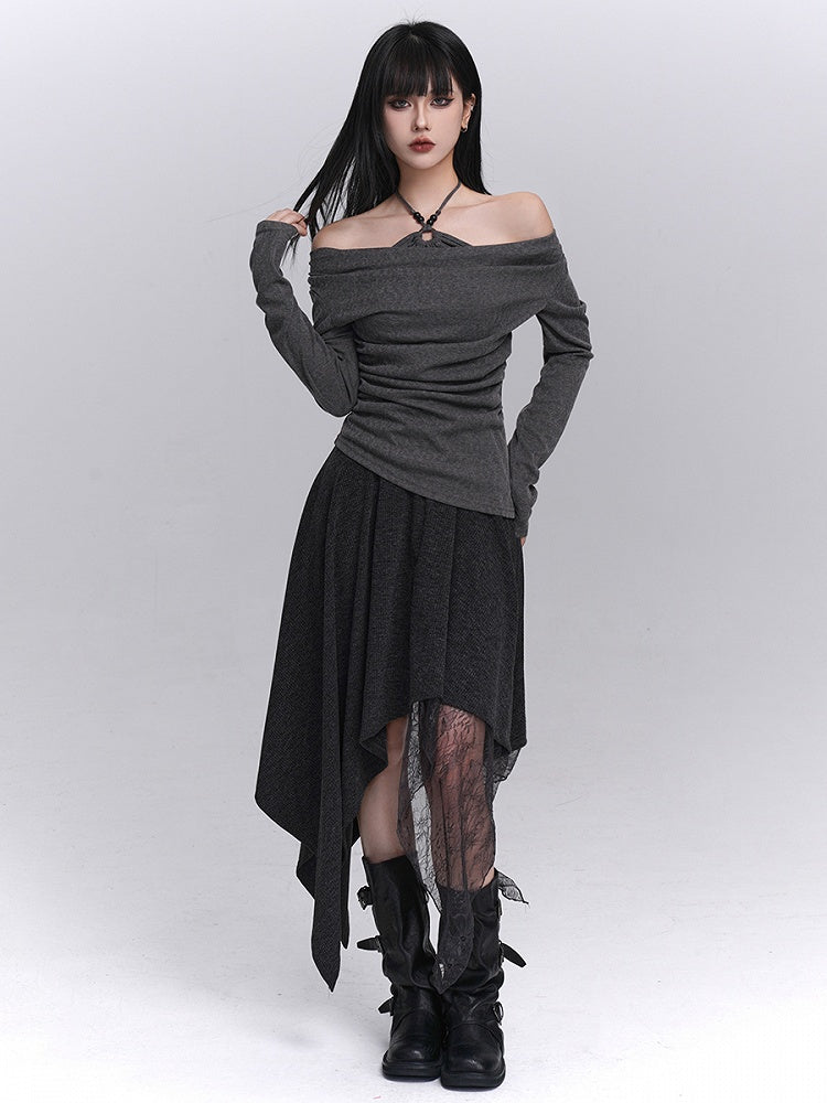 Ruched Halter with Gray Gothic Top Two-Piece Faux Design Off-the-shoulder Dark