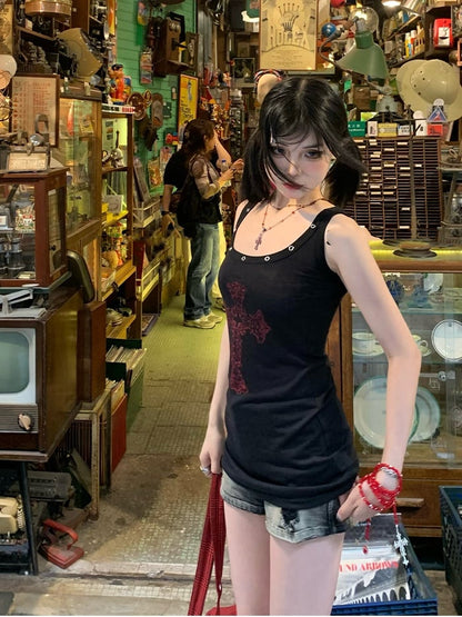 ネックラインタンクトップ ブラック スクープクロスプリント グラマラス