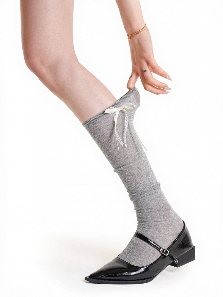 Striped Calf Socks with White Bowknot - ModaSwings