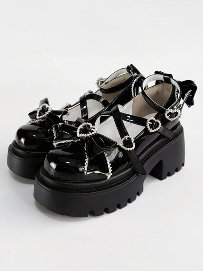 Snap Mary Lolita Platform Black Beaded Heel Janes High - Sweet Block Heart