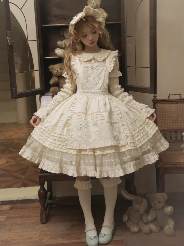 Kleid Schleife Kragen Lolita Grün Beige Baumwolle und Mint Pan Akzente Peter