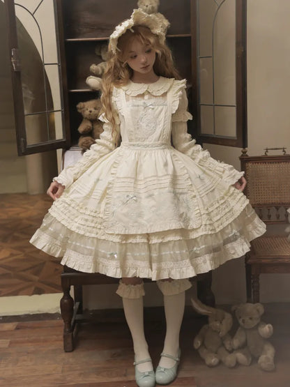 Kleid Schleife Kragen Lolita Grün Beige Baumwolle und Mint Pan Akzente Peter