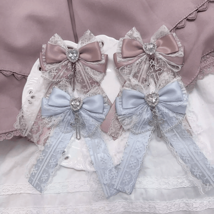 Charm Lace Bow Hairclips White/Pink/Dusty Cross Jirai Kei Pink/Black/Blue