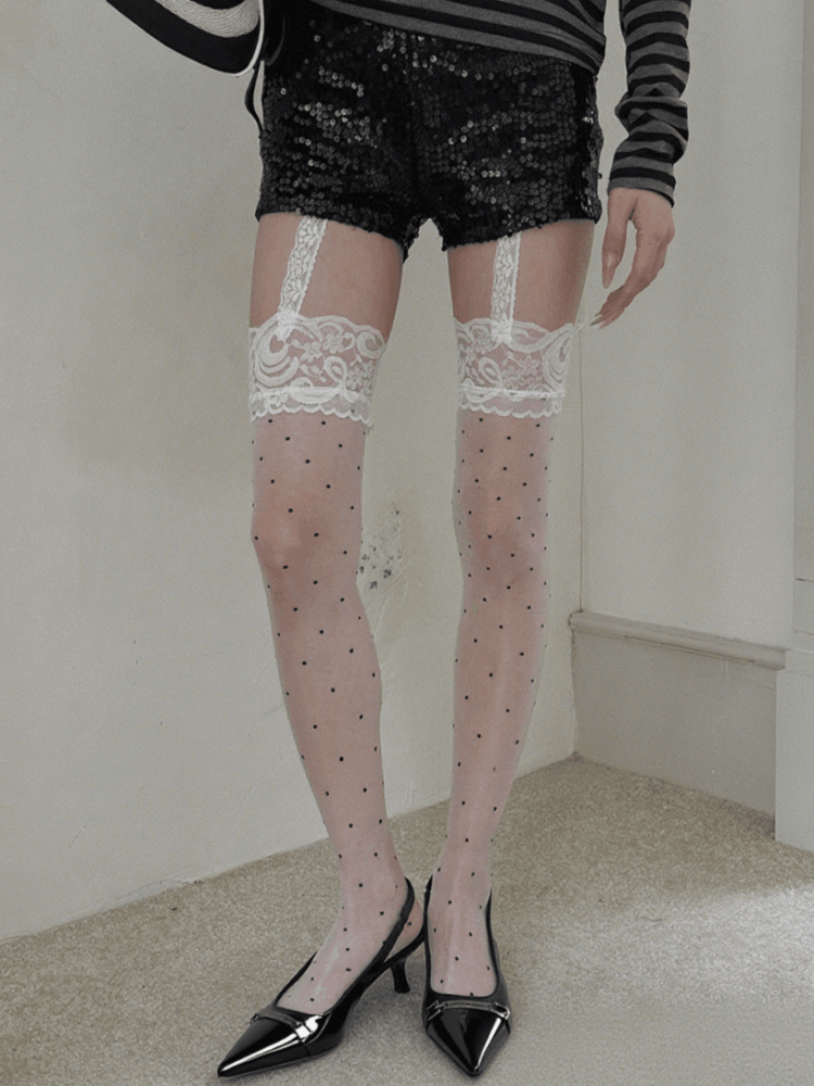 Suspender Pattern Lace Details Black/White Tights Polka-Dot