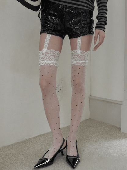 Suspender Pattern Lace Details Black/White Tights Polka-Dot