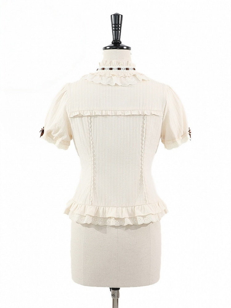 Beige Brown Bow Short-Sleeve Shirt with Ruffle Trim - Twin Bear Original Design