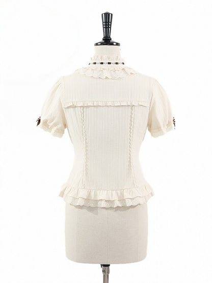 Beige Brown Bow Short-Sleeve Shirt with Ruffle Trim - Twin Bear Original Design