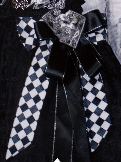 Black White Checkered Detail Embroidery Bowknot Accessory - Luo Xiu Dong Xiang