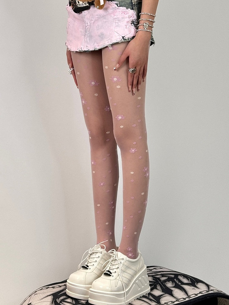 Tights Black/Pink/Purple Pattern Floral