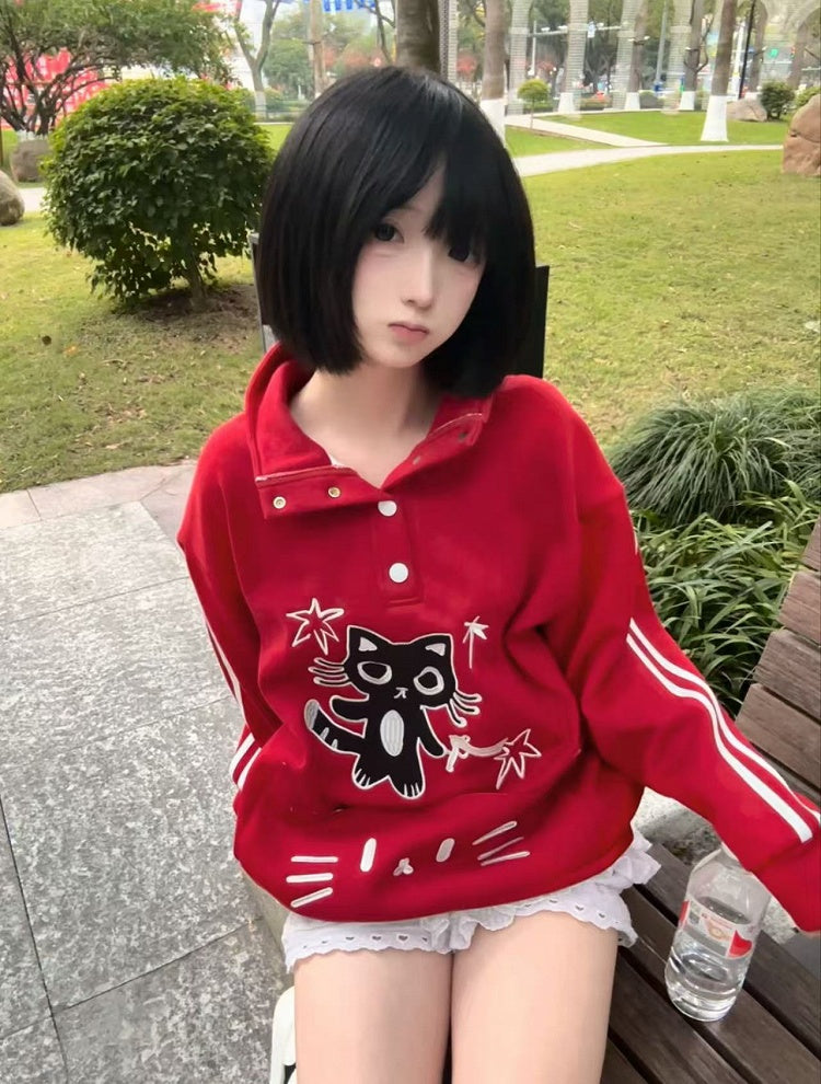 / Fleece-lined Front Adorable Partial Black with Embroidery Cat Sweatshirt Red Snap