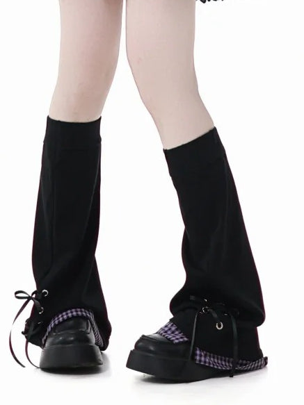 レッグウォーマー パープルチェック柄裾 ブラックレースアップディテール