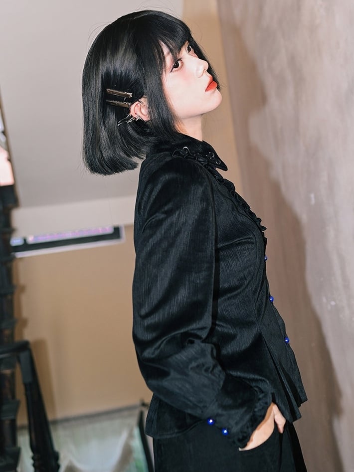 with Shirt Gothic Ruffle Sleeves Trim Black - Balloon