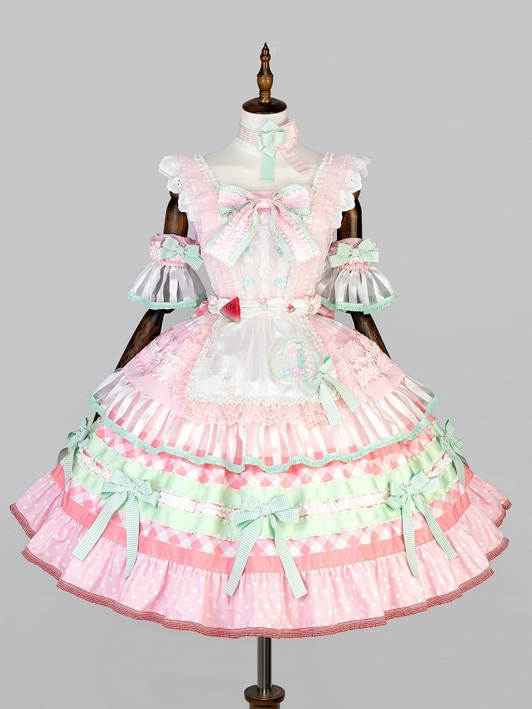 Full Watermelon and Tiered Sweet Pink Accents Skirt Lolita Set Cake Bow Green JSK