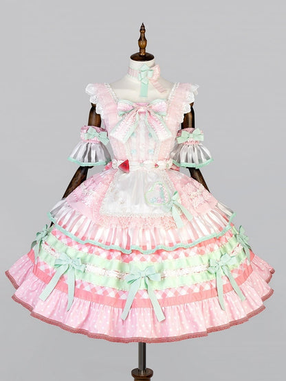 Full Watermelon and Tiered Sweet Pink Accents Skirt Lolita Set Cake Bow Green JSK
