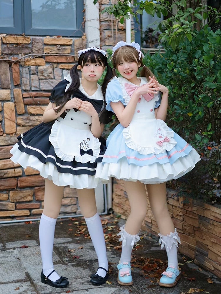 Pink Lolita Apron Blue Dress Embroidery Sweet Kitty Paw and Maid