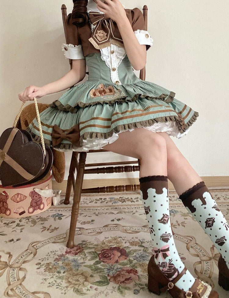 Green and Brown Preppy Striped Two-Piece Gown with Crown Embroidery - Fairy Faith