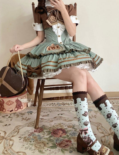 Green and Brown Preppy Striped Two-Piece Gown with Crown Embroidery - Fairy Faith