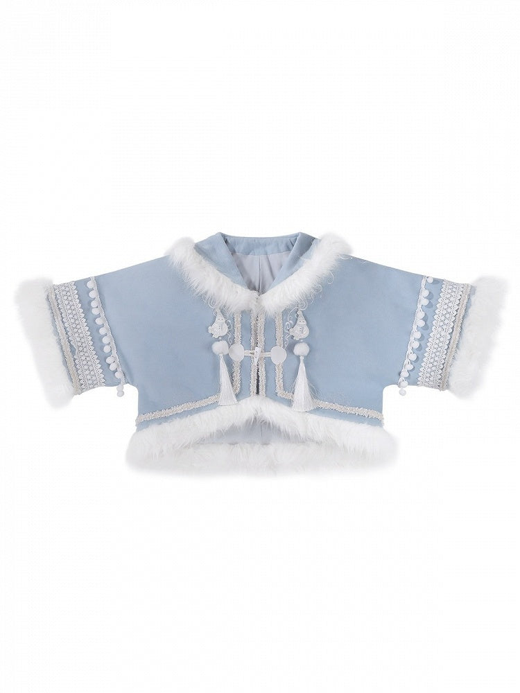 Chinese Style Plush Coat in White and Blue with Pom-pom Embellishment - Han Ru Chu Hanfu &amp; Han-Element Studi