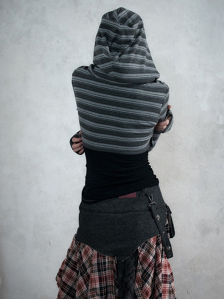 Black Striped V-Neck Hooded Knit Top with Long Sleeves & Faux Two-Piece Punk Style - NO ROMANCE