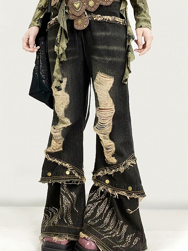 Rhinestone Fishtail Jeans with Distressed Holes - ReddaChic