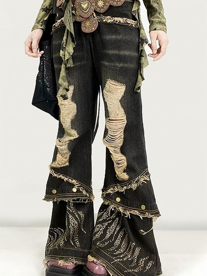 Rhinestone Fishtail Jeans with Distressed Holes - ReddaChic