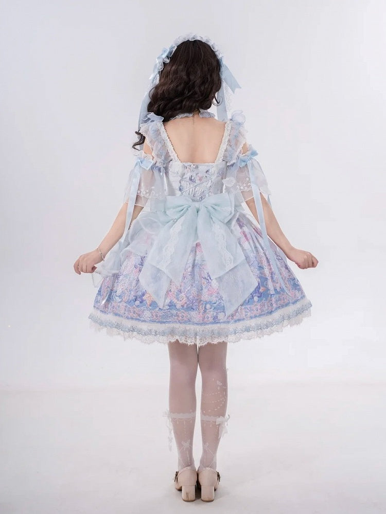 Blue Pearl Marine Print Lace Trimmed Sweet Lolita Jumper Skirt - PG Lullaby
