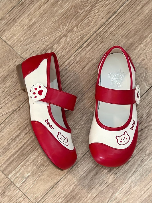 with Paw Bear Low Lolita Strap Heels Velcro Sweet Red