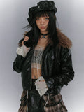 Glossy with Black Embroidery Faux Jacket Detachable Fur Padded Punk Eyelet Hem Metal Wing Collar