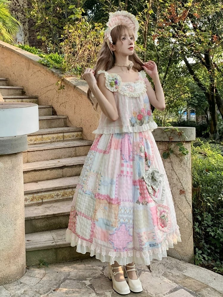Cottagecore Patchwork Print Sweet Lolita Skirt with Detachable Straps Long Version