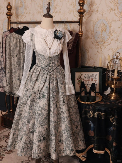 Green Basque Boned Bust Lolita Skirt and Jumper Waist Animals Print Wood Under