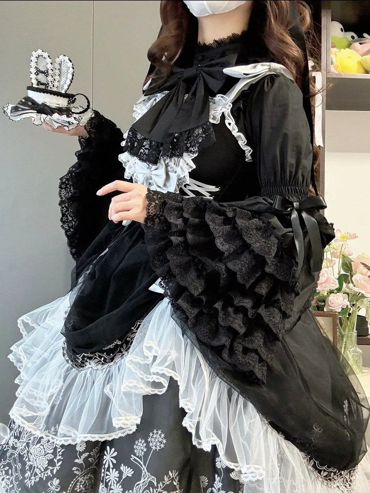 Layered Black Lolita Cotton Gorgeous Lace Bell Sleeves Blouse