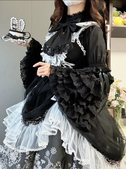 Layered Black Lolita Cotton Gorgeous Lace Bell Sleeves Blouse