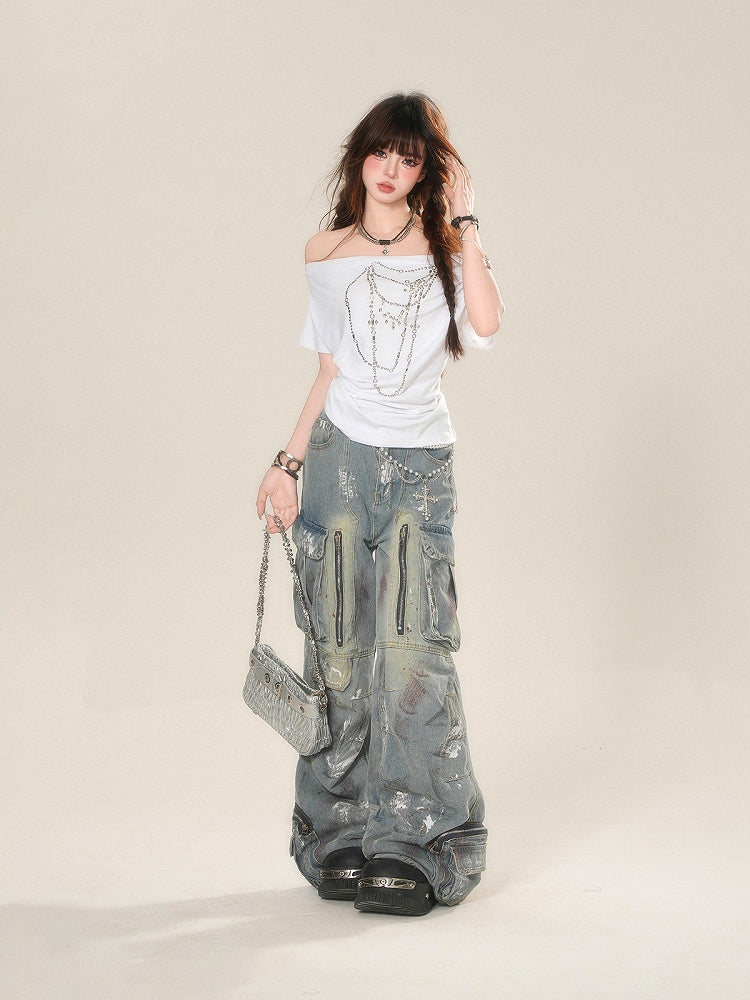 White Off-the-shoulder Neckline Beaded Chain Print T-Shirt