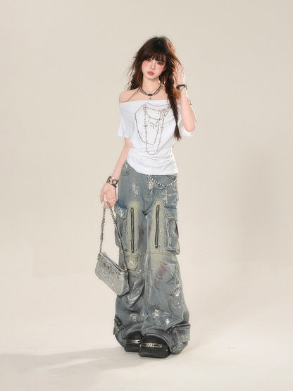 White Off-the-shoulder Neckline Beaded Chain Print T-Shirt