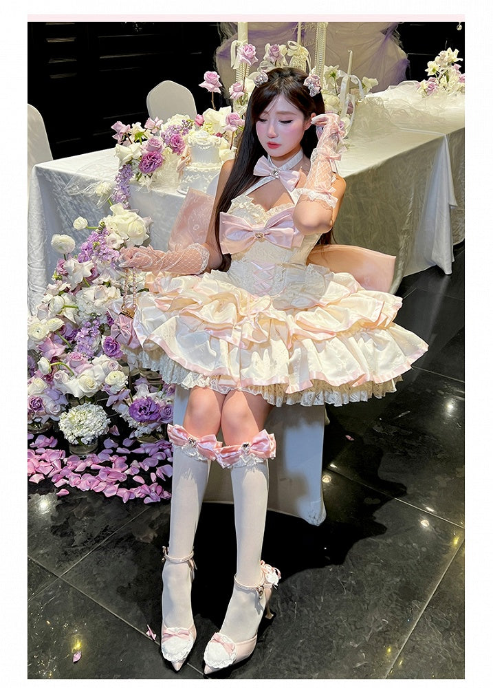 クリーミーな蝶結び生地のティアードパフィースカート、ホルターネック、バースデーコルセットドレス