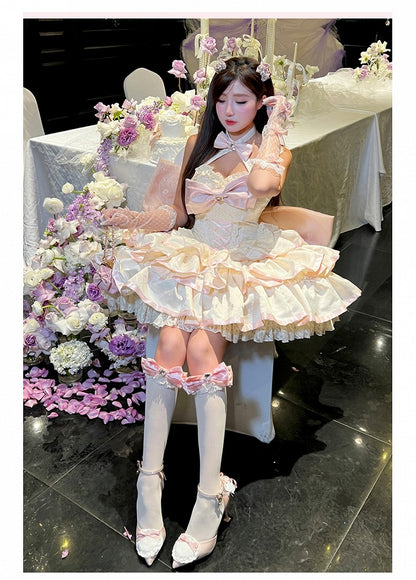 クリーミーな蝶結び生地のティアードパフィースカート、ホルターネック、バースデーコルセットドレス