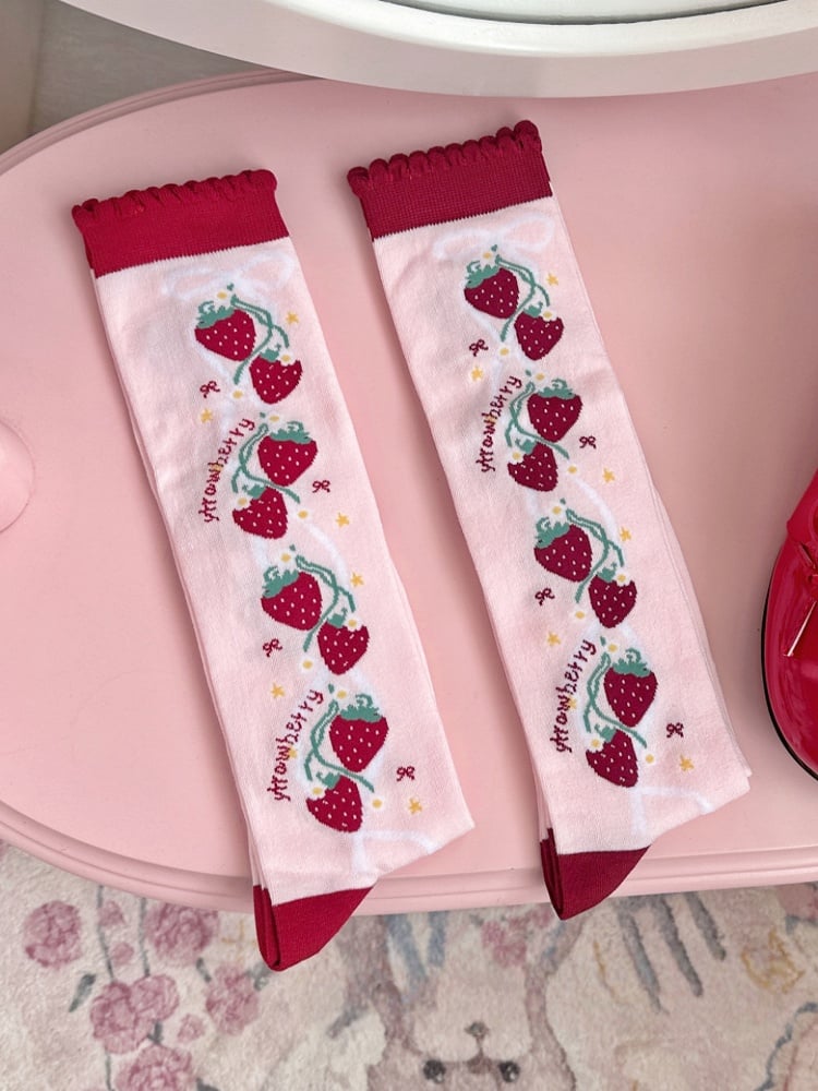 RedPink Calf Socks Pattern Strawberry Lolita Sweet