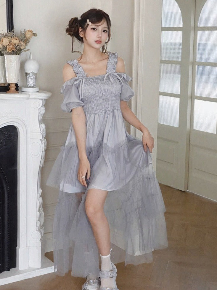 Dusty Blue Puff-Sleeve Dress with Tiered Tulle Hem - Smyster