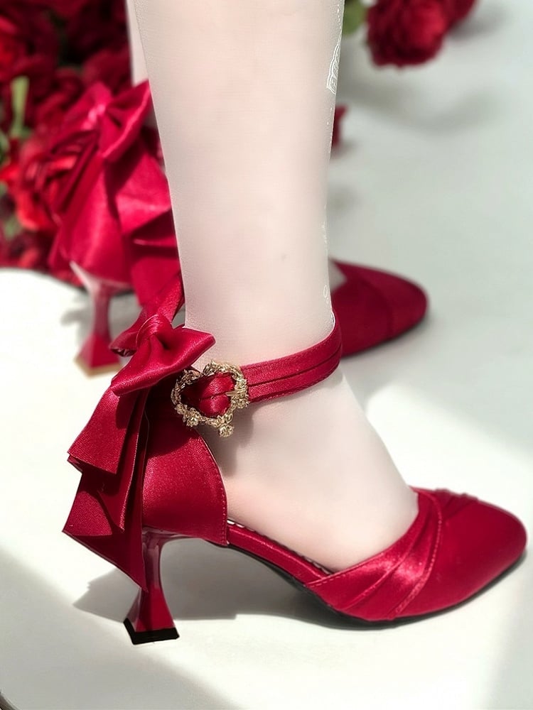 Design Red Classic - Bow Detailing Wine Inspired Sandals Heart Buckle High-heel Lolita