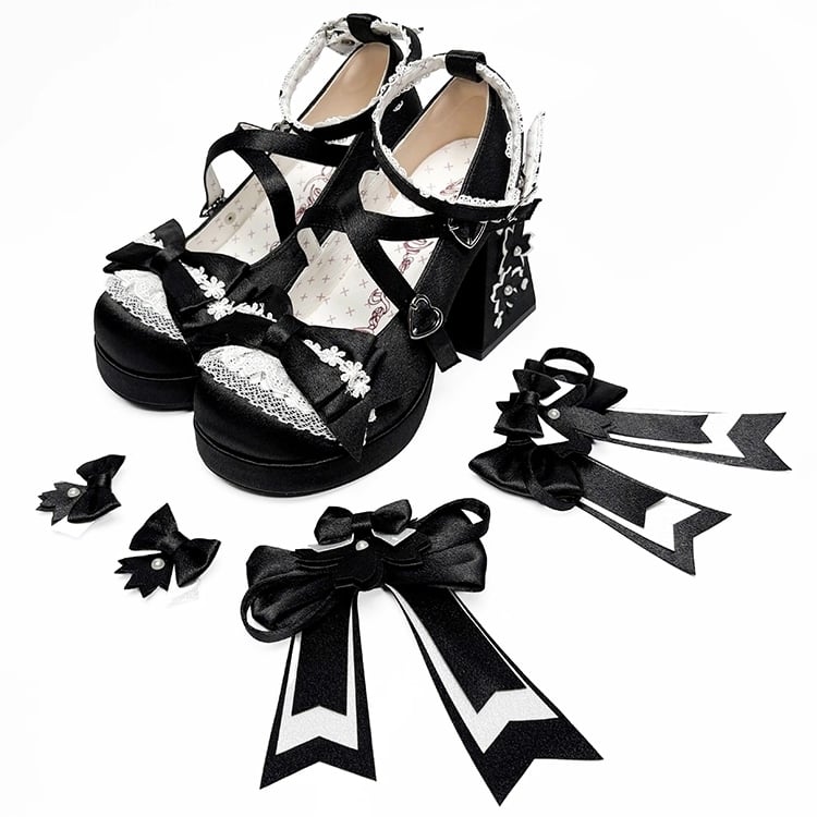 Accents Satin Details Blossom Bow Cherry Lolita Lace Sweet Black - Mary Heel Janes Trim with