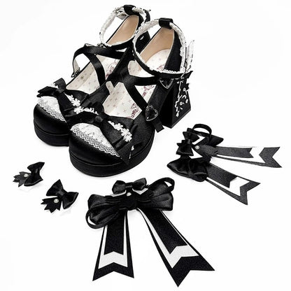 Accents Satin Details Blossom Bow Cherry Lolita Lace Sweet Black - Mary Heel Janes Trim with