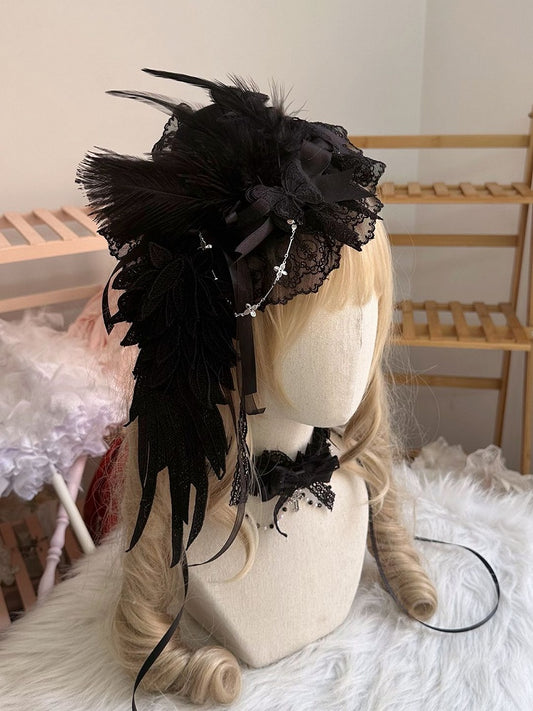 with Lace Feather Embellishments Lolita and Wing Black/White Mini Hat