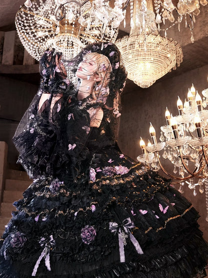 Ankle-Length Black & Purple Hanayome Hime Dress with Butterfly and Flower Accents - Cat Fairy Lolita