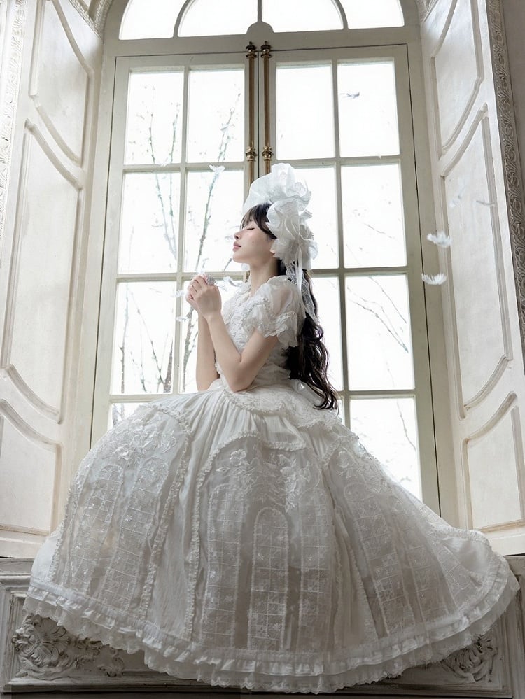 Classic Ivory Puff-Sleeve OP Gown with Sash & Lace Accents - Sleepless Unanswered
