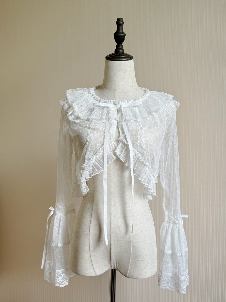 Sheer Bell Sleeve Lolita Cardigan with Bow Accents in Four Colors